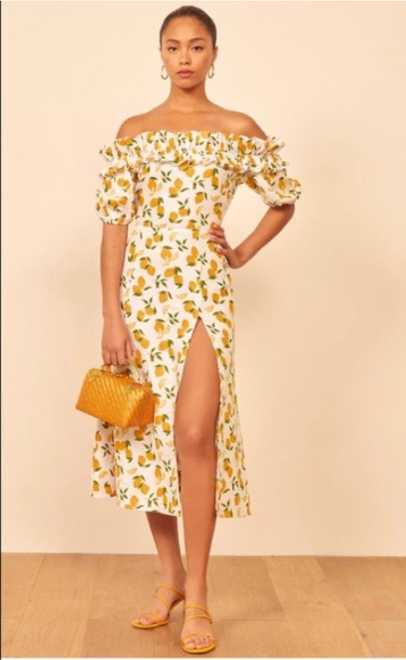 Reformation Marley Linen Off The Shoulder Midi Dress Lemonade Yellow Size 4